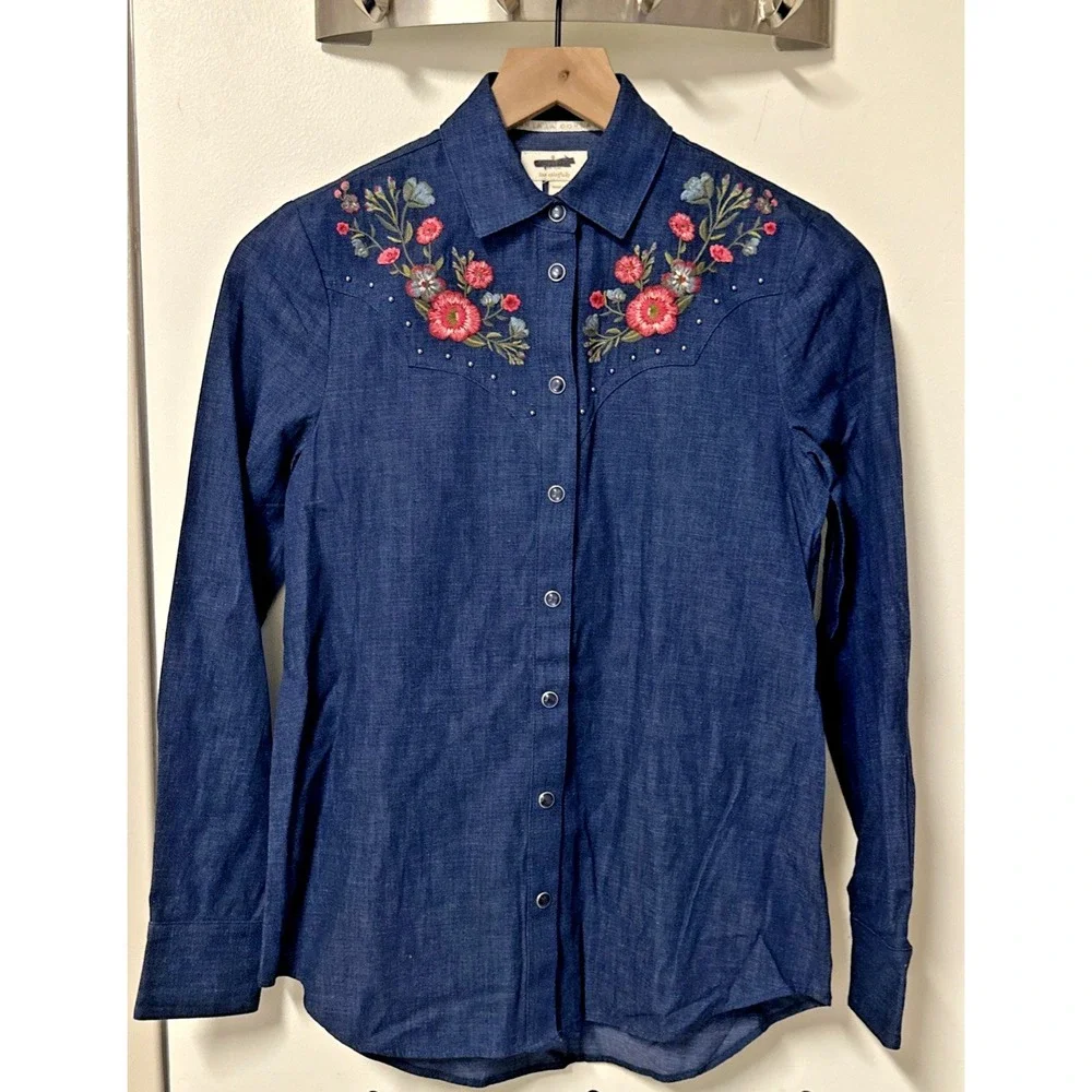 Kate Spade Women XXS Floral Embroidered Chambray‎ L/S Shirt Blue Denim Western